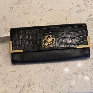 Ann Taylor Black Croc-Embossed Wallet with Gold Details